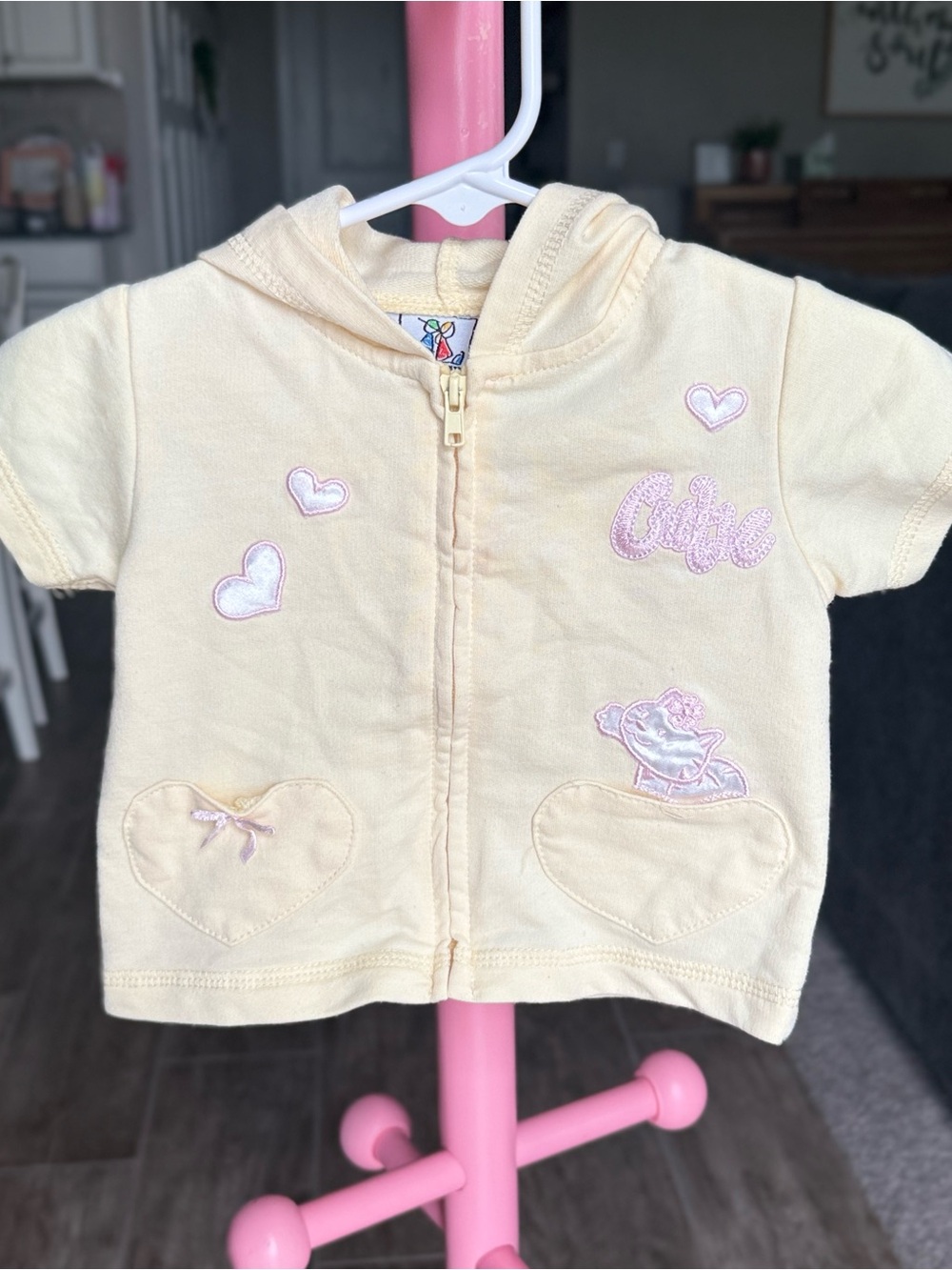 Cute Pale Yellow Hooded Zip-Front Baby Short Sleeve Jacket